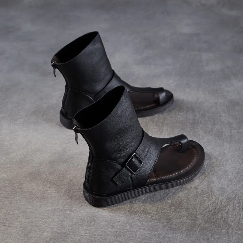 High Heels Leggings Women Retro Plain Leather High Top Flip-Flops Sandals