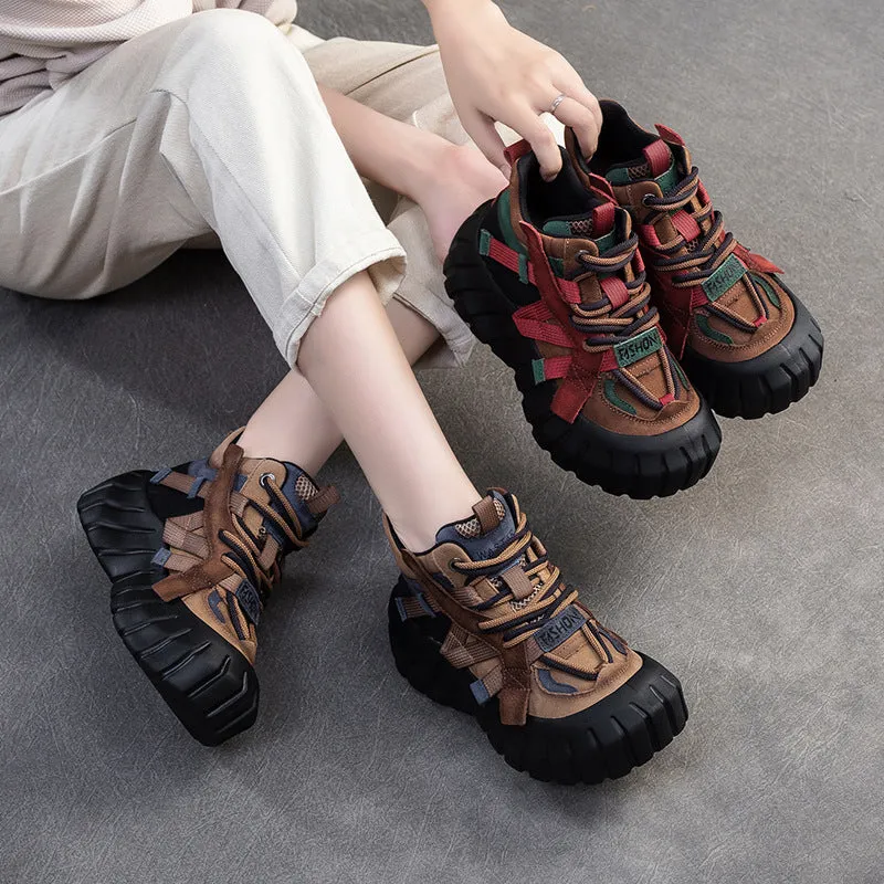 Women Color Matching Leather High-Top Platform Casual Shoes Comfortable High Heels For Dancing