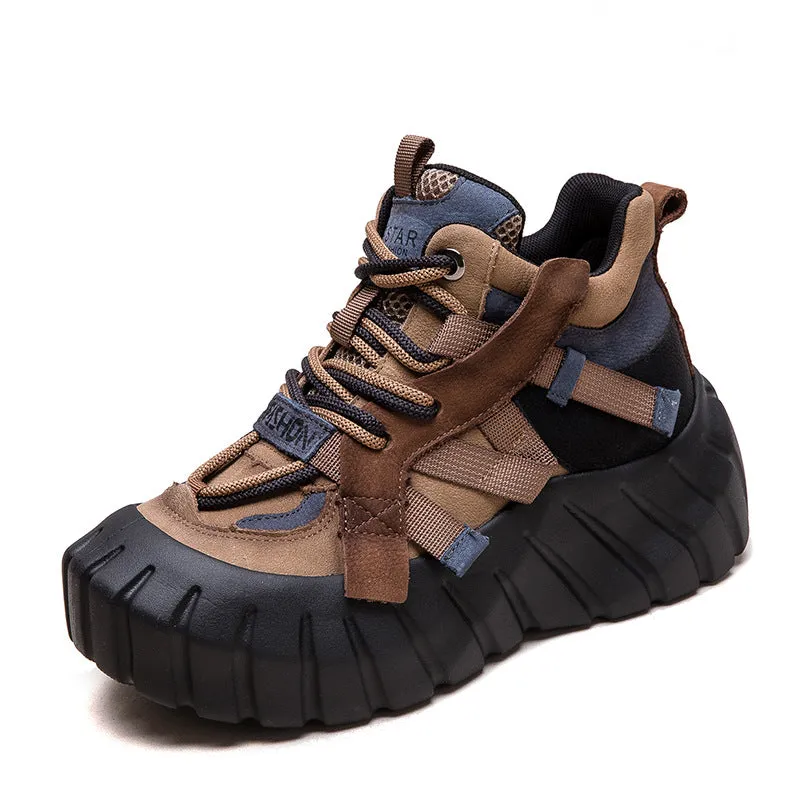 Women Color Matching Leather High-Top Platform Casual Shoes High Heel Blow Jobs