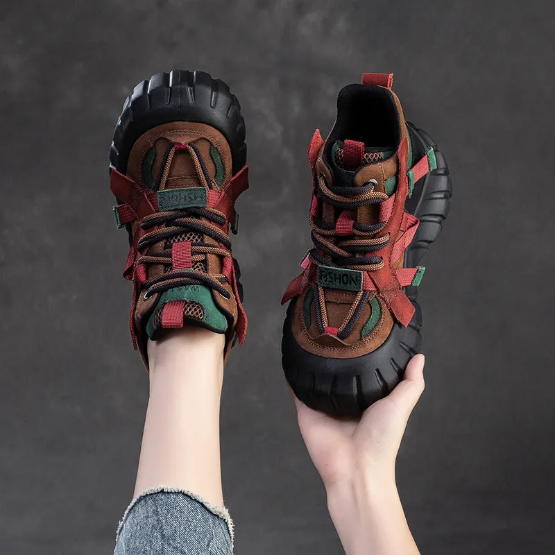 Women Color Matching Leather High-Top Platform Casual Shoes High Heels For Feet