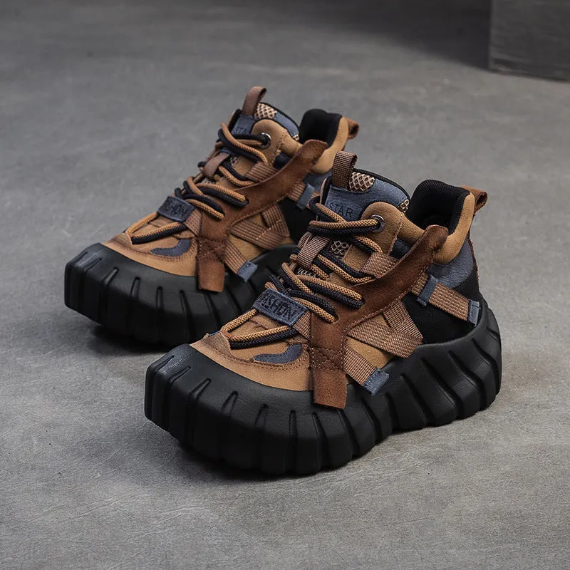 Trendy High Heel Shoes Women Color Matching Leather High-Top Platform Casual Shoes