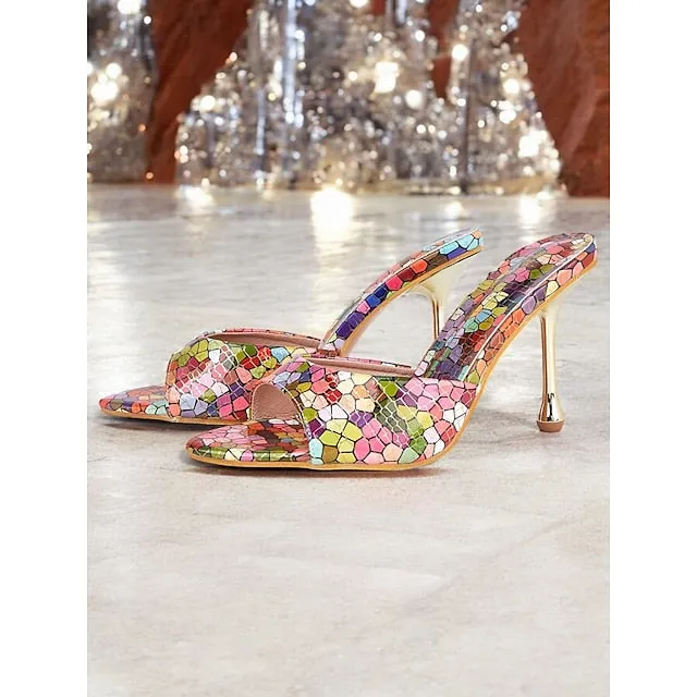High Heel Hazards Crossword High Colorful  Women Mules Print Mosaic Multicolor Heels for