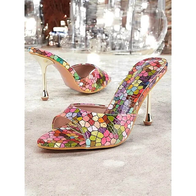 Mule High Heels High Colorful  Women Mules Print Mosaic Multicolor Heels for