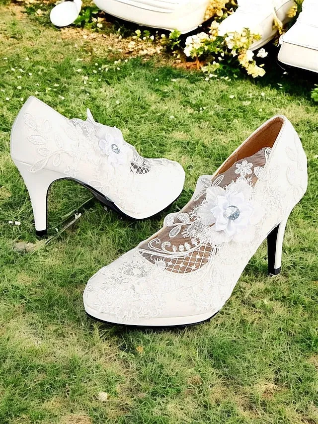 High Heel Floral  White Lace Shoes Bridal Embellishments with