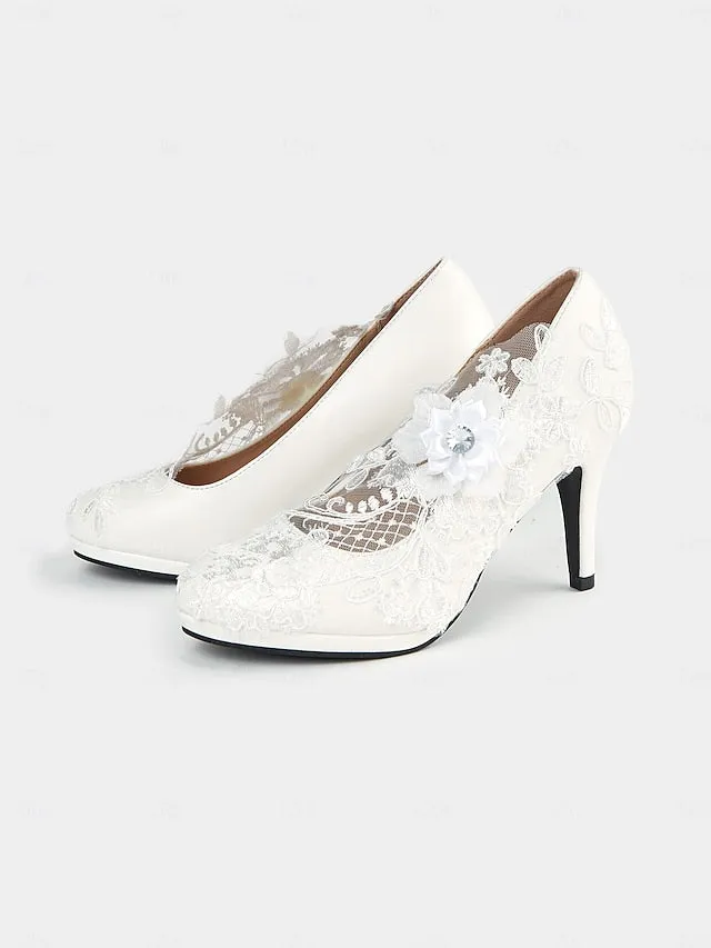 High Heel Floral  White Lace Shoes Bridal Embellishments with High Heel Wedges
