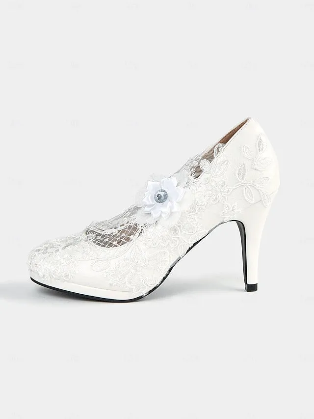 High Heel Floral  White Lace Shoes Bridal Embellishments with