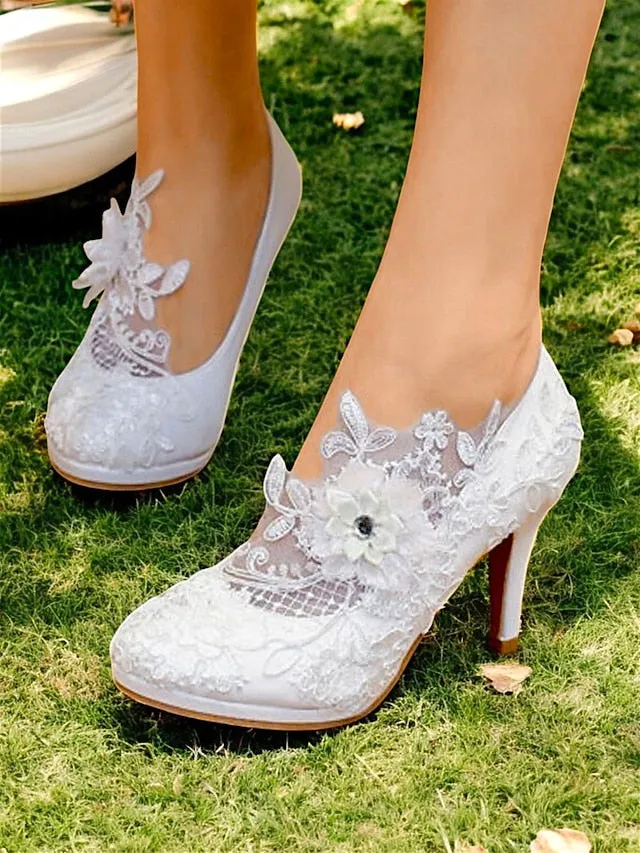 High Heel Floral  White Lace Shoes Bridal Embellishments with High Heels Locked