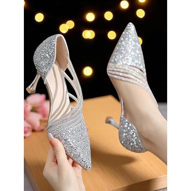 High Toe Glitter Women's - Pointed Strappy Gold Heels