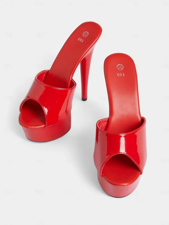 High with Patent Red Platform Heels Leather Women's