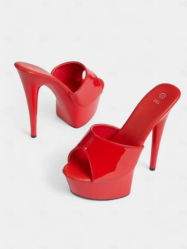 High with Patent Red Platform Heels Leather Women's