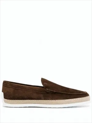 Moccasin-Style Brown Suede Loafers With Textured Grip Embroidered Loafers