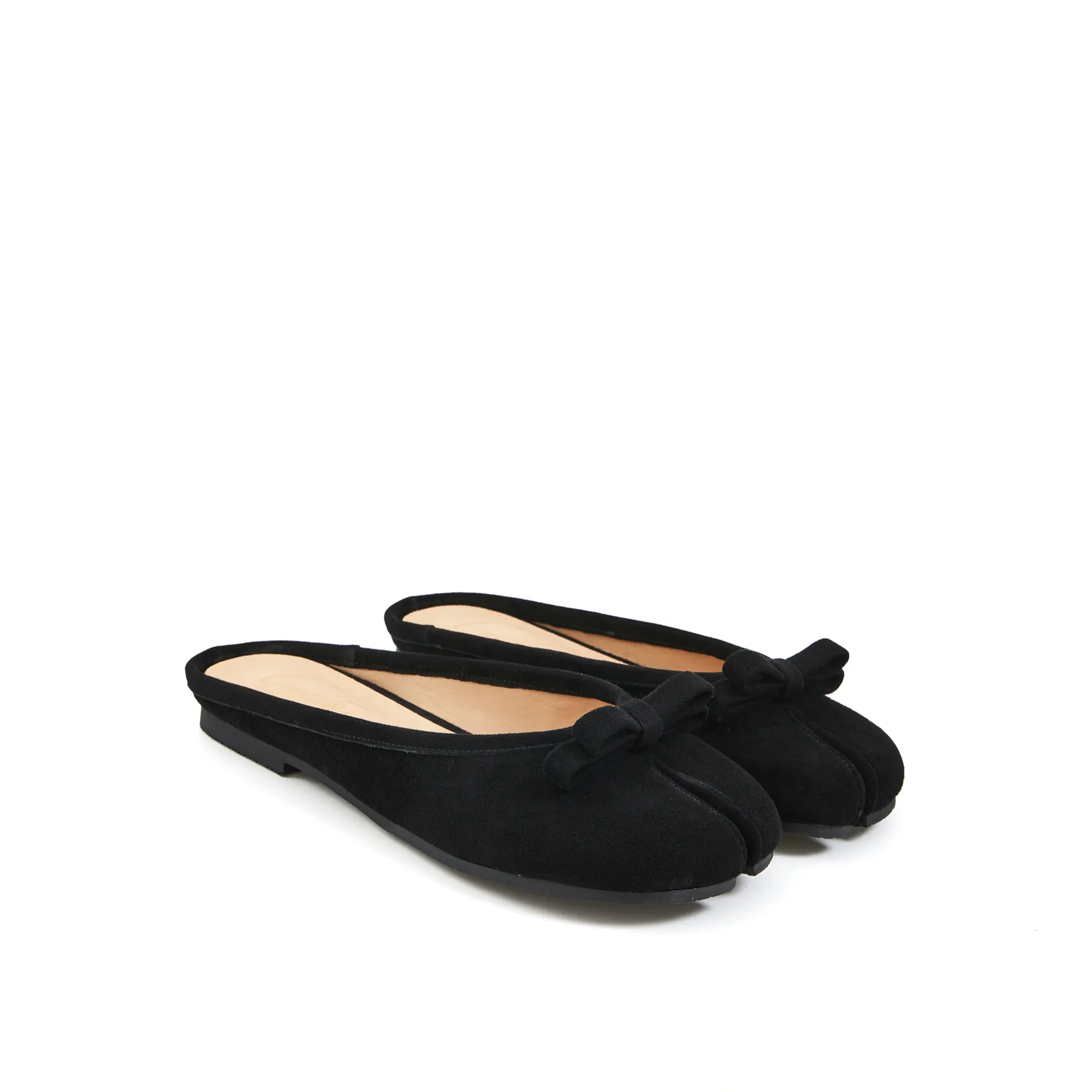 Tabitha Flat Tabi Mule in Kid Suede- Black Flat Feet High Heel Shoes