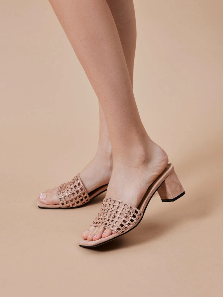 Wooden Sandals Japanese Iris Crystal Embellished Perforated Mule Heels