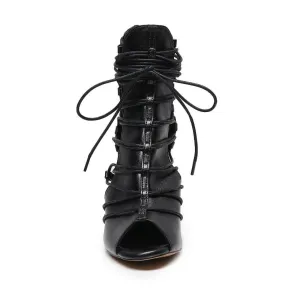 Karma - Black Bootie Side Lace Up Heel Dance Bootie (Street Sole) Elegant High Heel Shoes