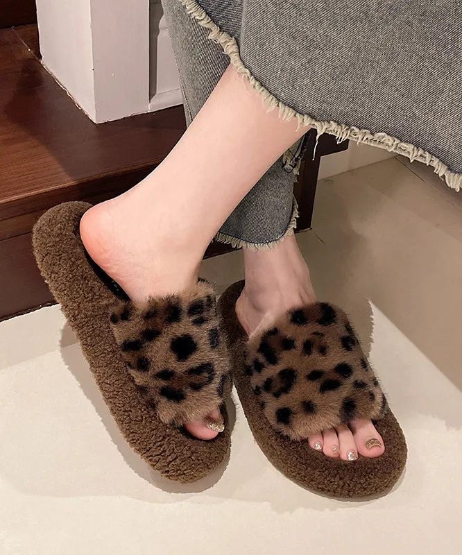 Khaki Leopard Faux Fur Slippers Shoes Splicing Platform TE025 Slippers Size 5