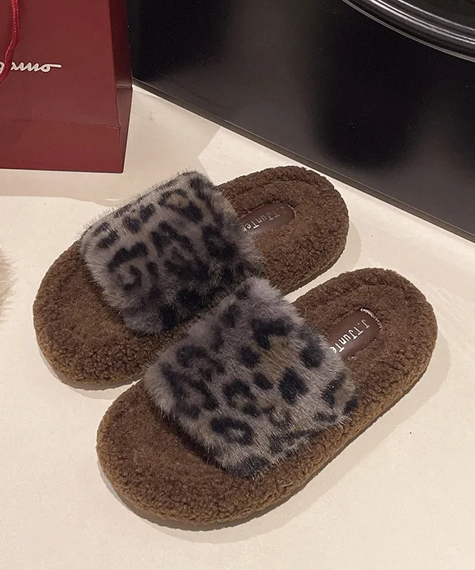Khaki Leopard Faux Fur Slippers Shoes Splicing Platform TE025 Madewell Slides