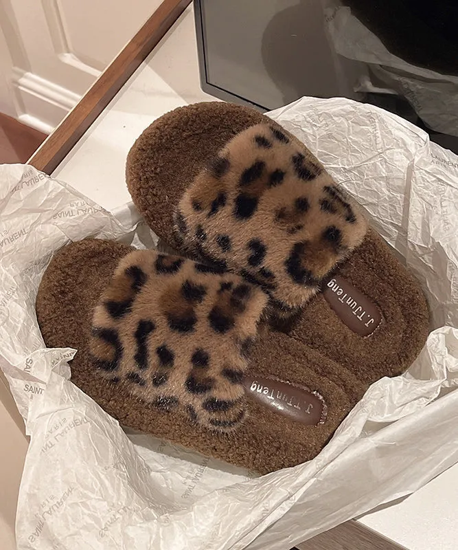 Ikea Slippers Khaki Leopard Faux Fur Slippers Shoes Splicing Platform TE025