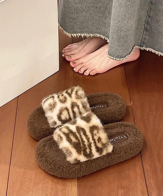 Lebron James Slippers Price Khaki Leopard Faux Fur Slippers Shoes Splicing Platform TE025