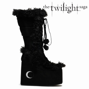 Boots With Spikes La Push Crescent Platform Faux Fur Long Boots - Black