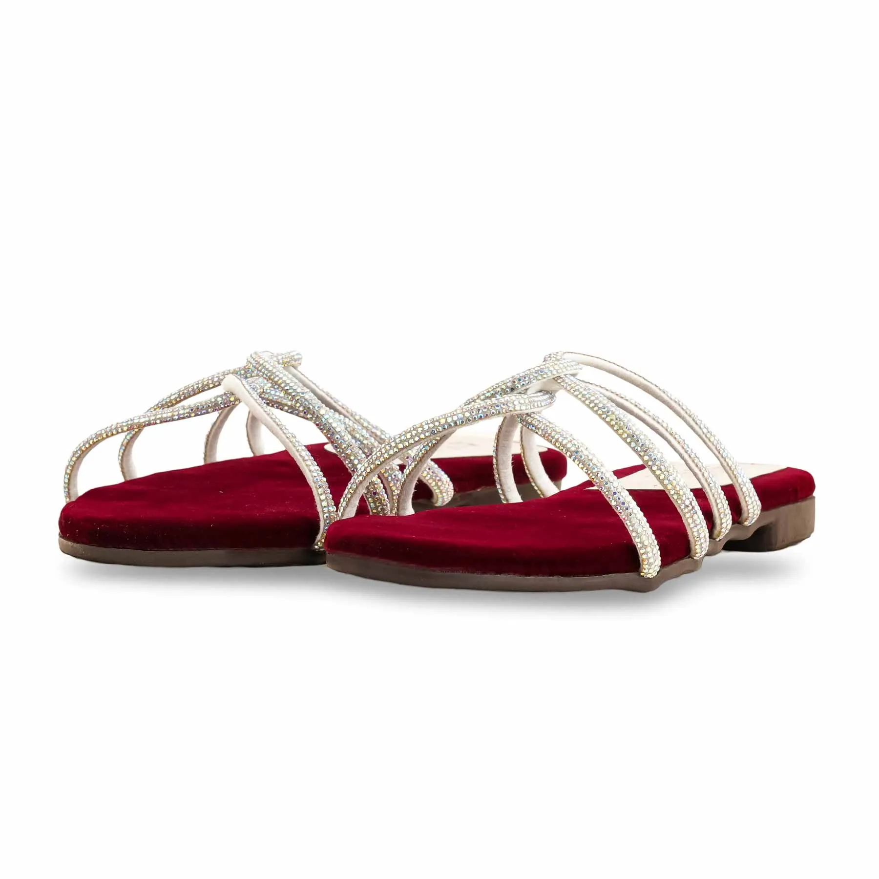 Maroon Casual Slipper For Women CL1972 Flat Shoes With Ribbon Ankle Wrap