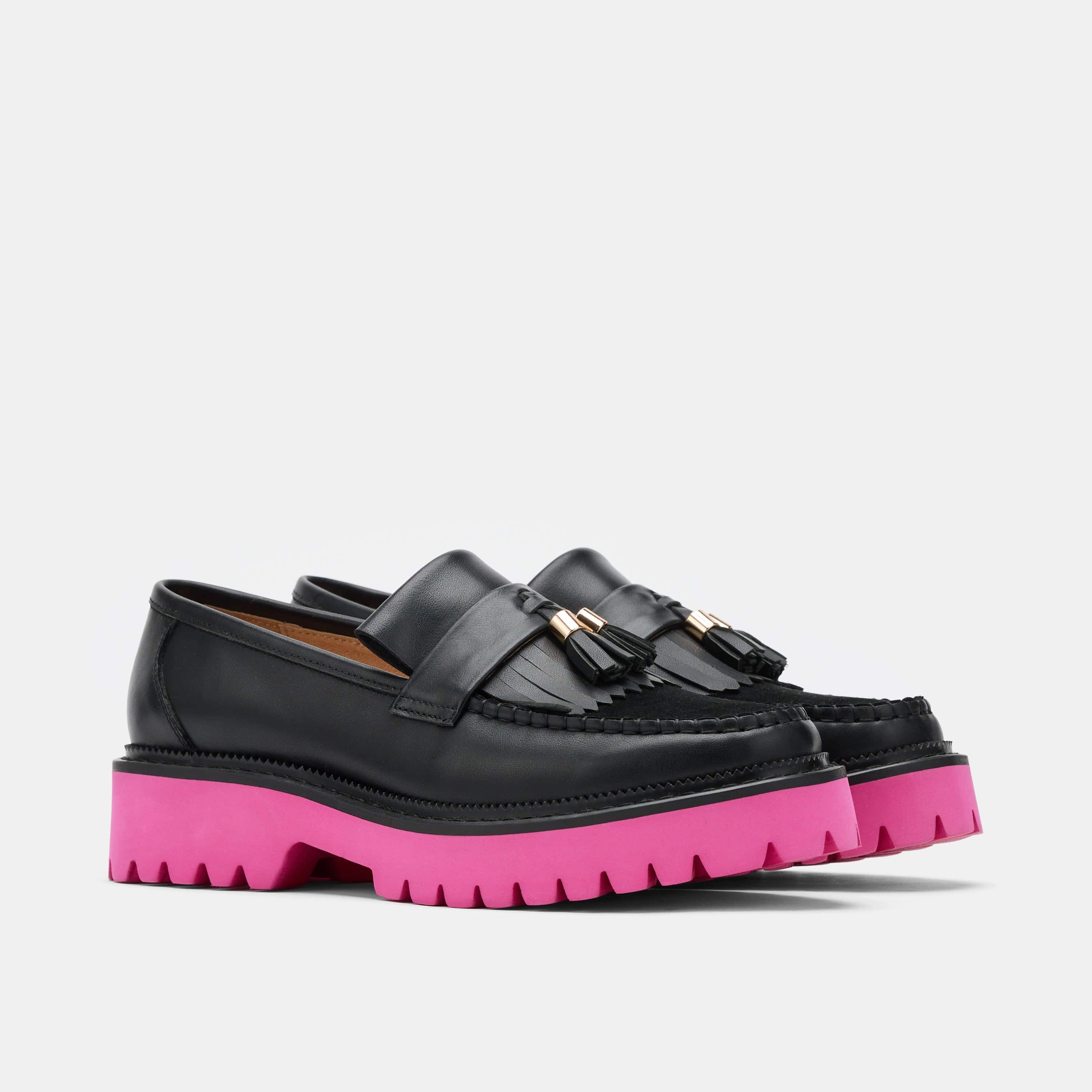 Loafers With Heels Ms. Journey Black/Pink Leather Lug Tassel Loafer