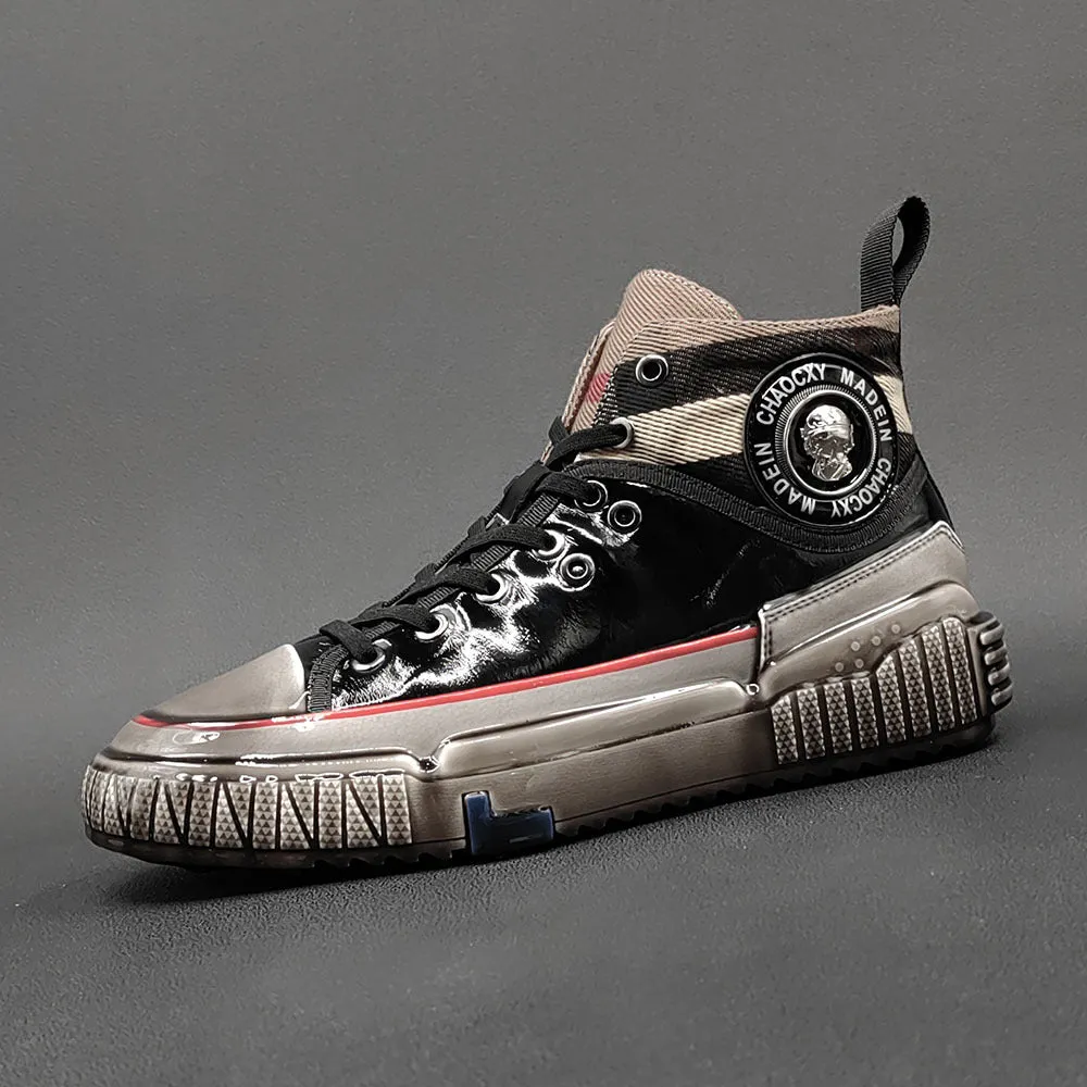 Men Stylish Glossy Leather Patchwork High Top Casual Shoes Canvas Casual Shoes Online