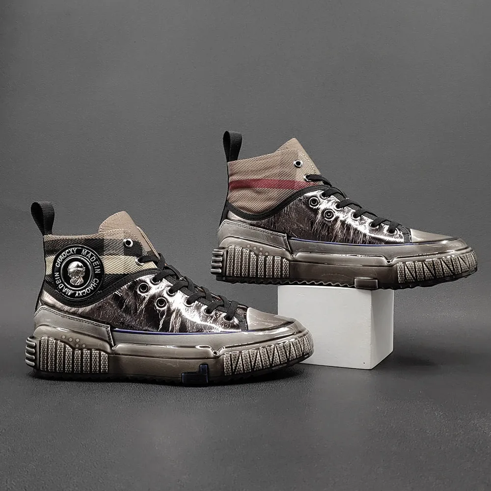 Designer Casual Shoes Men Stylish Glossy Leather Patchwork High Top Casual Shoes