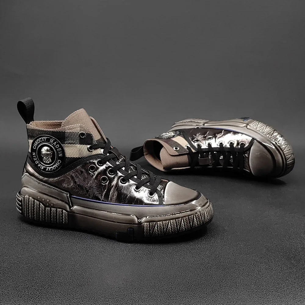 Men Stylish Glossy Leather Patchwork High Top Casual Shoes Best Minimalist Casual Shoes