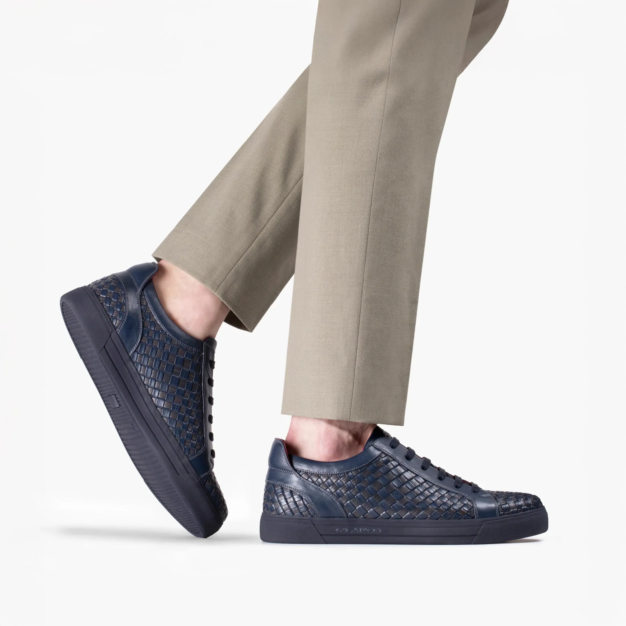 Mens Dark Blue Leather Woven Sneaker Best Sneakers For Pickleball