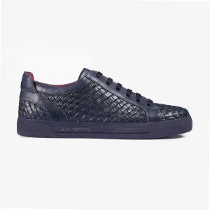 Mens Dark Blue Leather Woven Sneaker Yru Sneakers