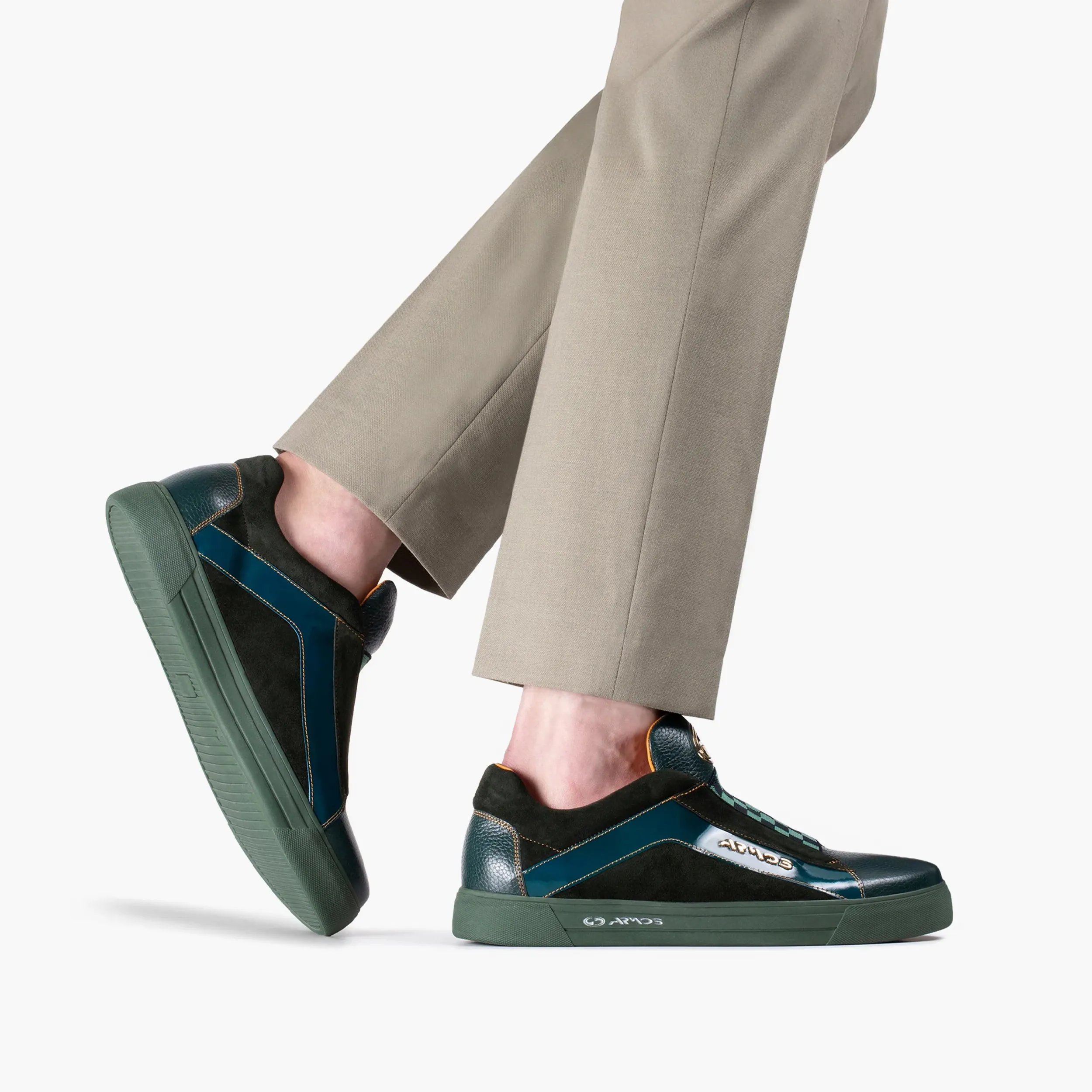 Low Top Sneakers Men's Green Chess Pattern Leather Sneaker