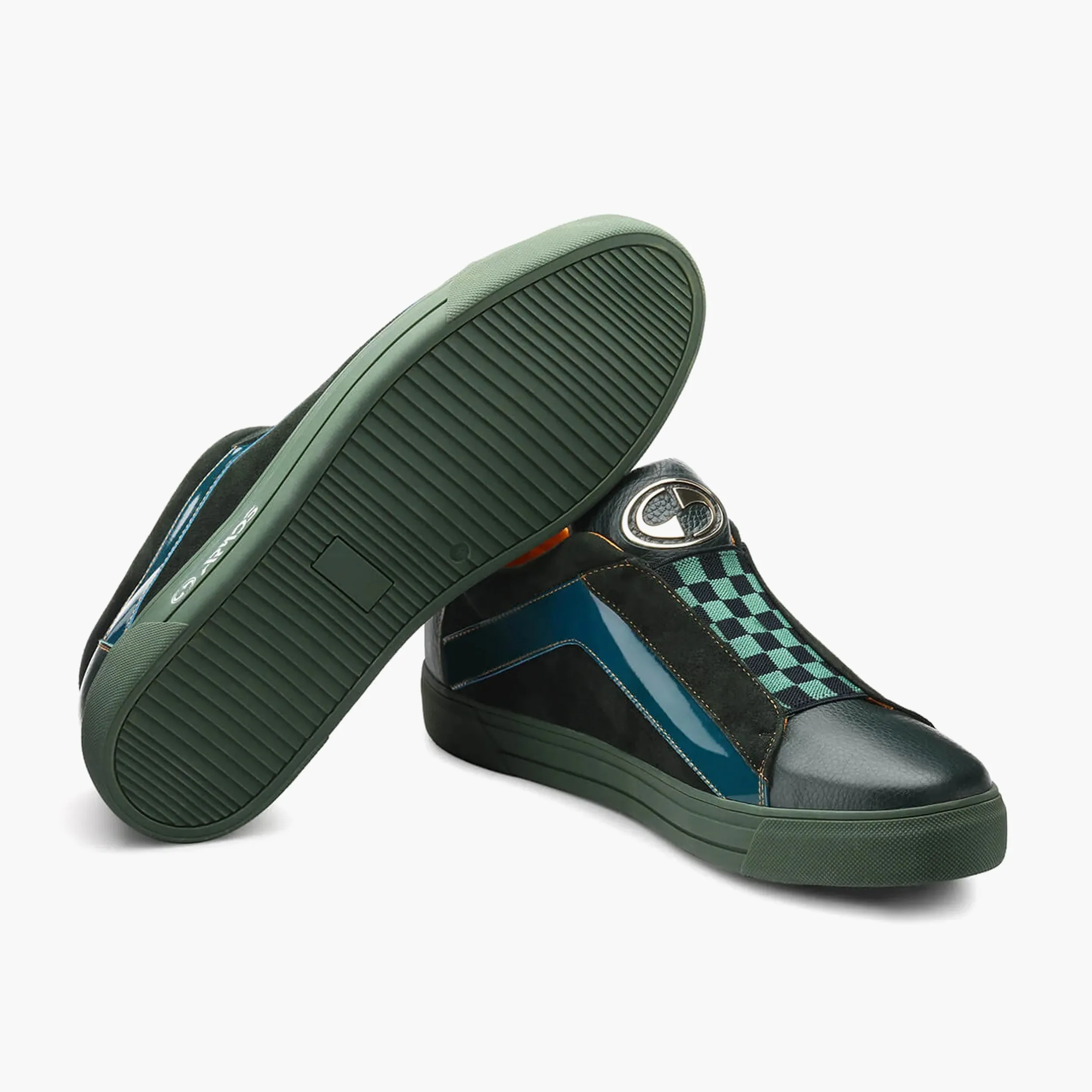 Shiny Sneakers Men's Green Chess Pattern Leather Sneaker