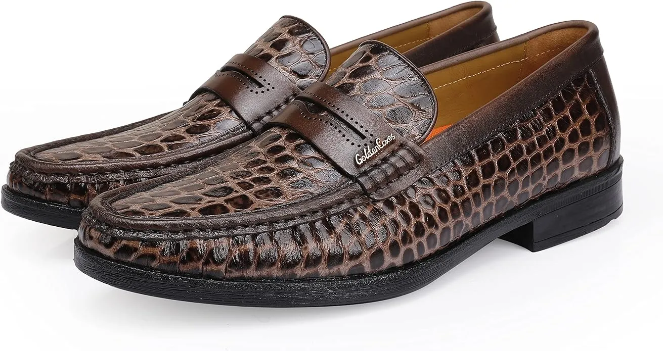 Men's Leather Penny Loafers Formal Dress Shoes Crocodile Printed Soft Slip-On Loafer for Men Heels Loafers