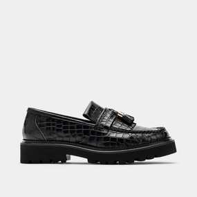 Deer Stag Loafers Ms. Journey Black Croc Leather Lug Tassel Loafer