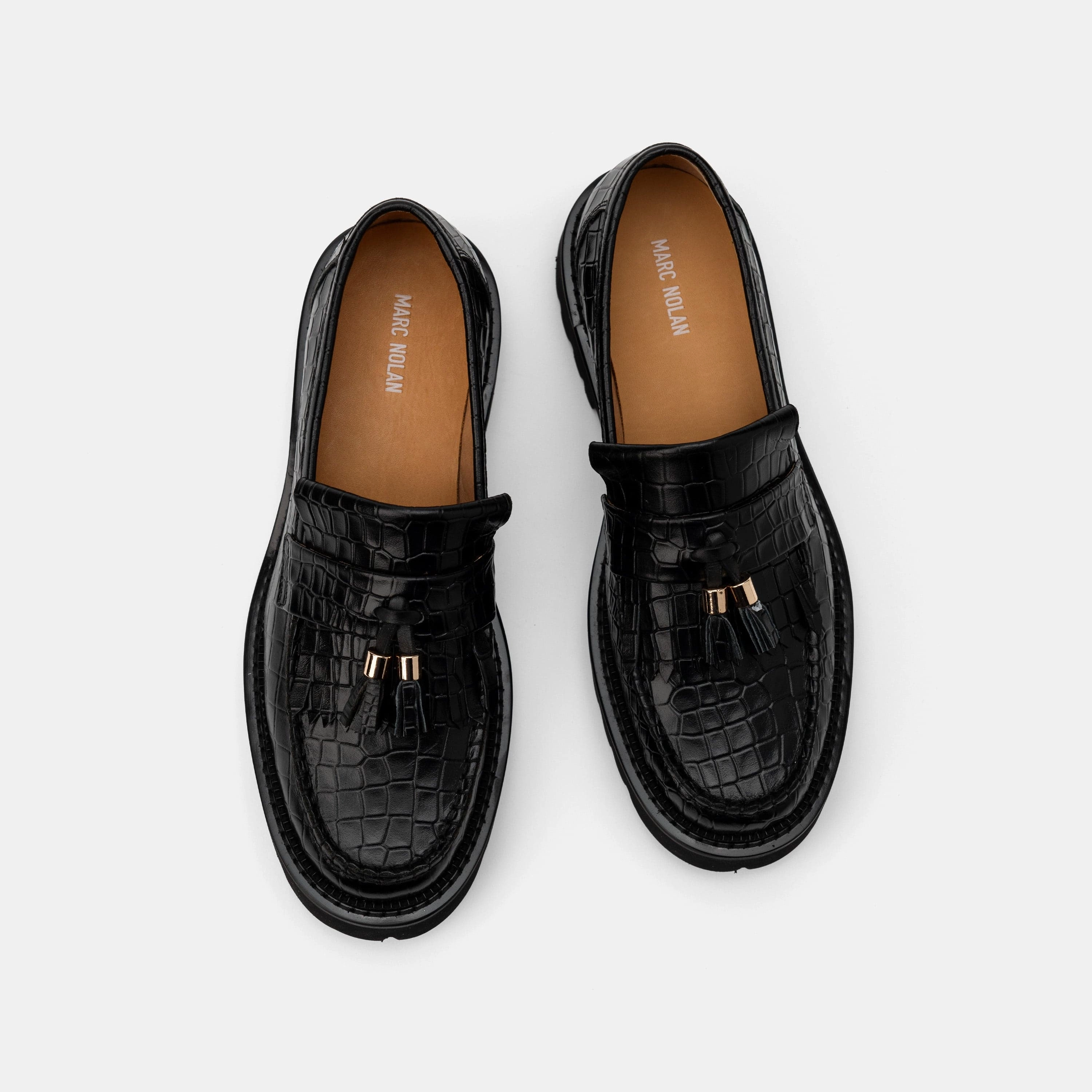 Ms. Journey Black Croc Leather Lug Tassel Loafer Loafers With Suit Pants