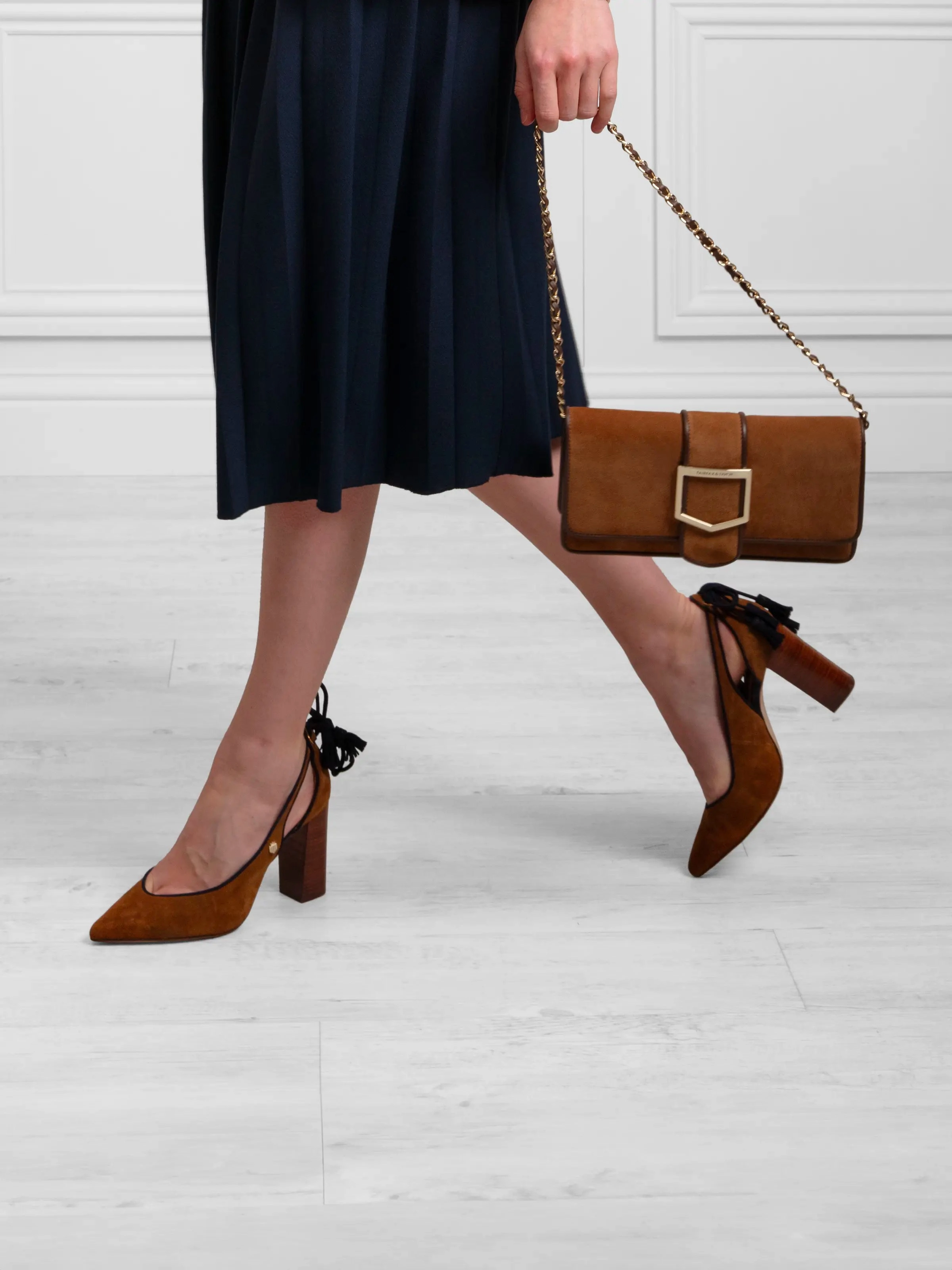 Prada Brushed Leather Loafers Newbury Heel - Tan & Navy Suede