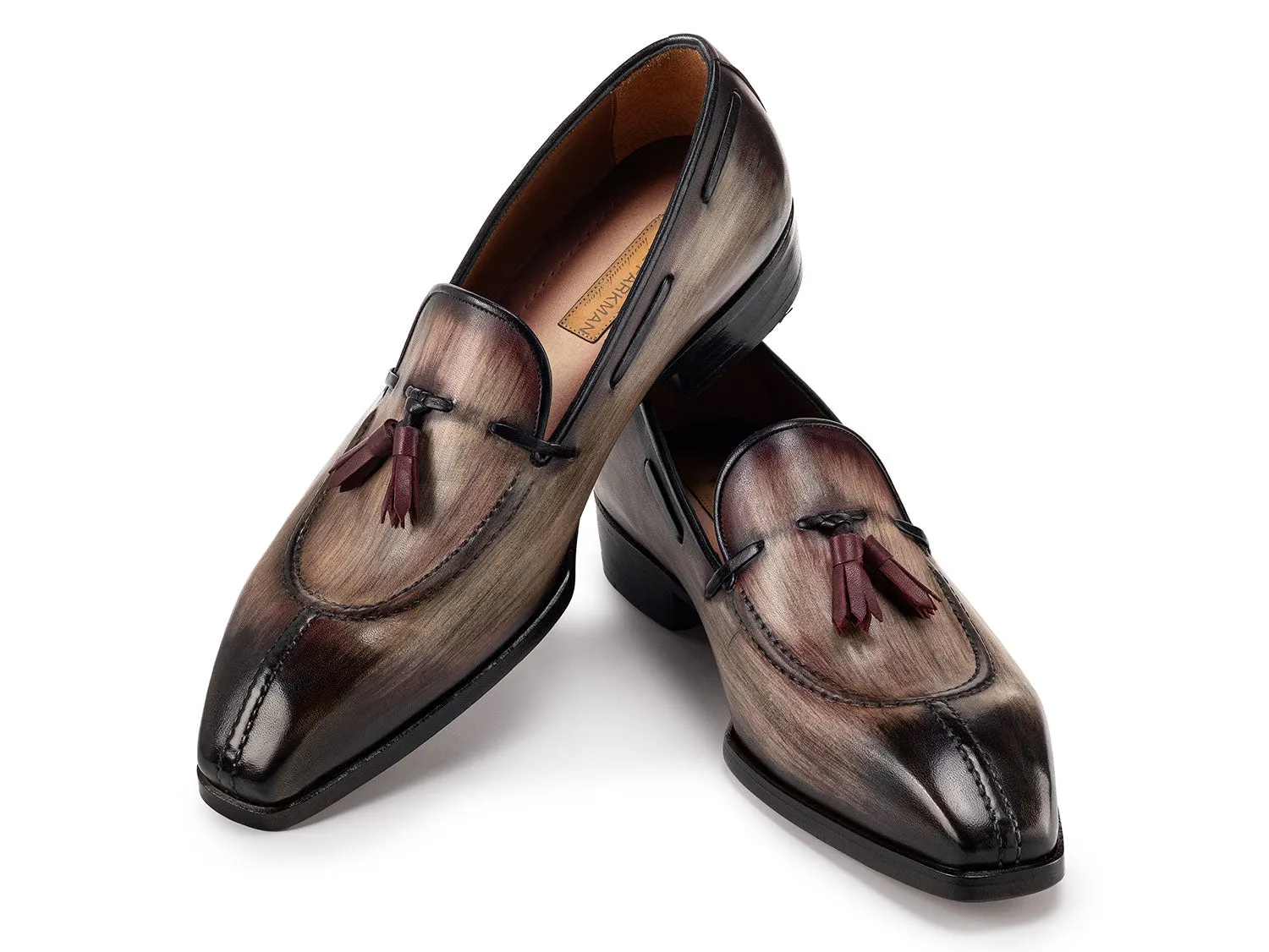 Paul Parkman Men's Split Toe Tassel Loafers Brown Patina Leather (ID#8135-BRW) Hermes Fur Loafers