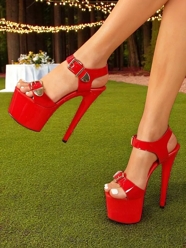 Patent Gold Buckle Platform Heels White Women's High with Thin Strap High Heels