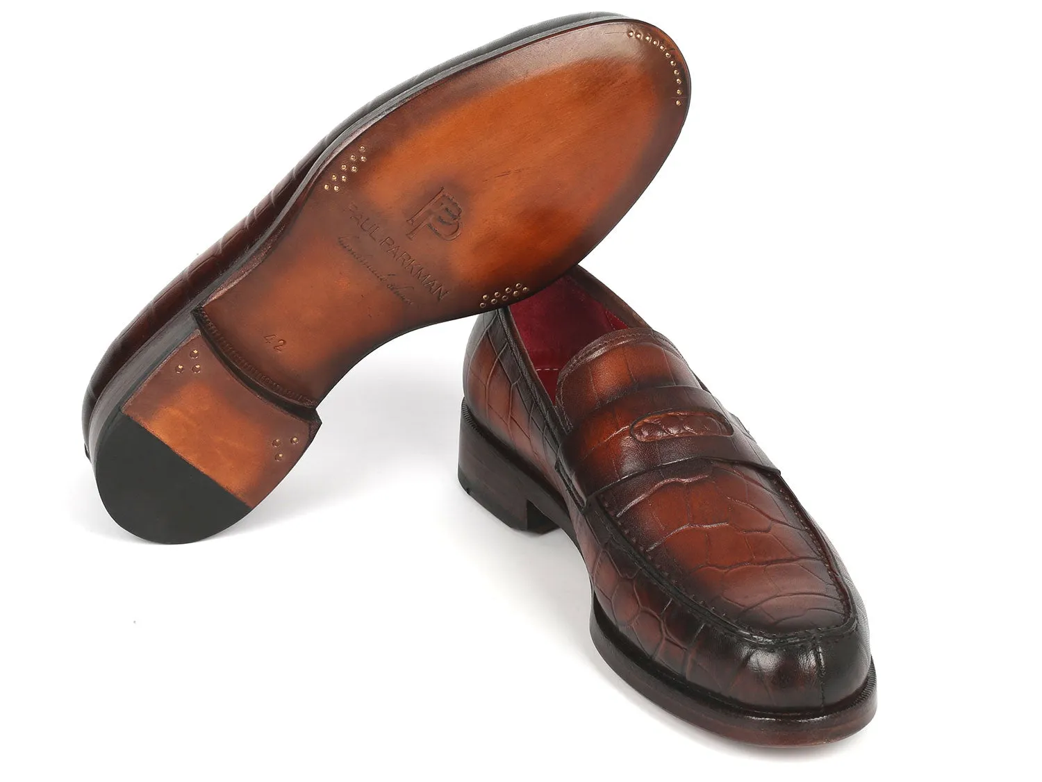 Paul Parkman Brown Crocodile Embossed Calfskin Penny Loafers (ID#3857-BRW) Dress And Loafers