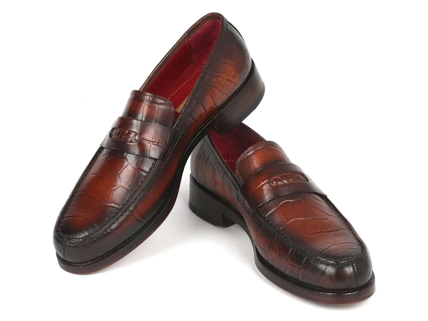 Paul Parkman Brown Crocodile Embossed Calfskin Penny Loafers (ID#3857-BRW) Best No Show Socks For Loafers