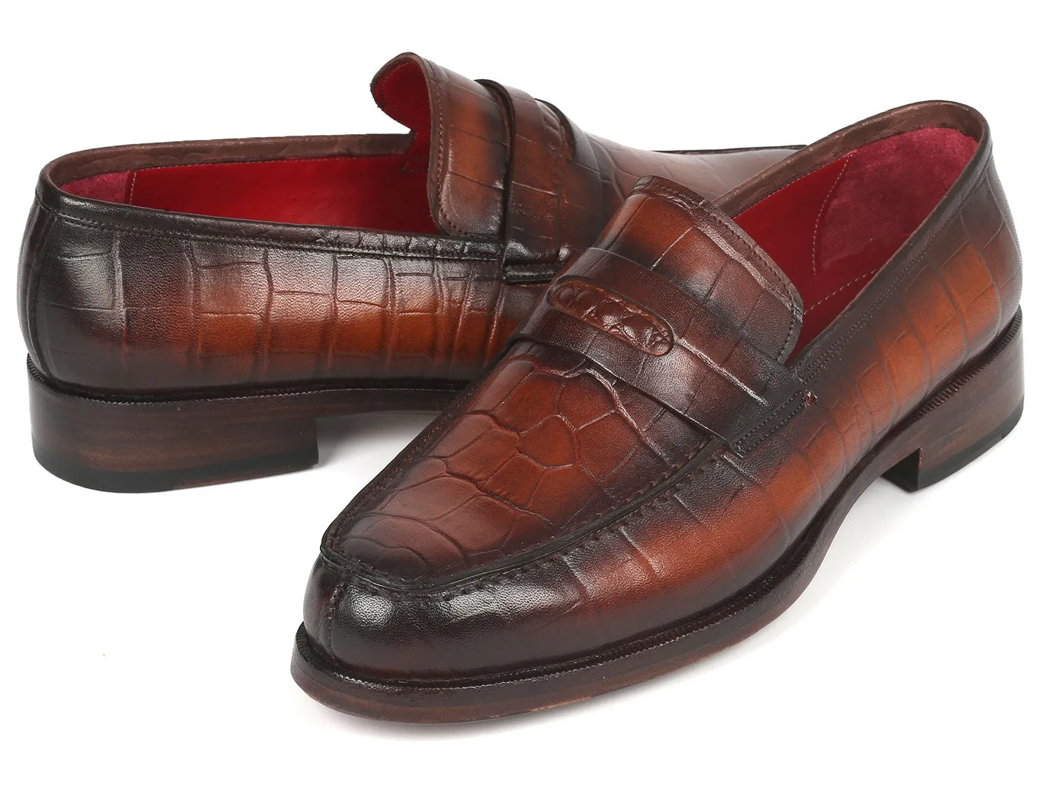 Loafers Bee Paul Parkman Brown Crocodile Embossed Calfskin Penny Loafers (ID#3857-BRW)
