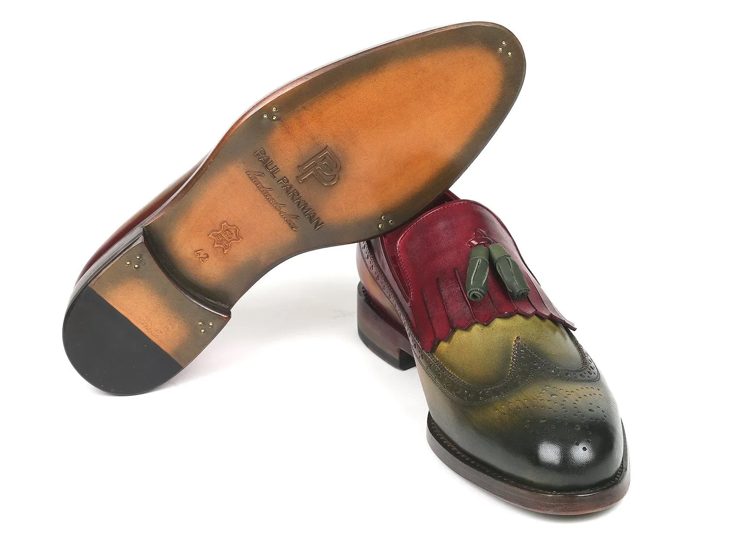 Block Heeled Loafers Paul Parkman Kiltie Tassel Loafer Green and Bordeaux (ID#KT39RD)