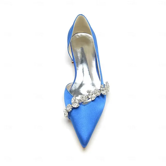 and Wedding Flat with Pointed Toe Shoes White Satin Crystal