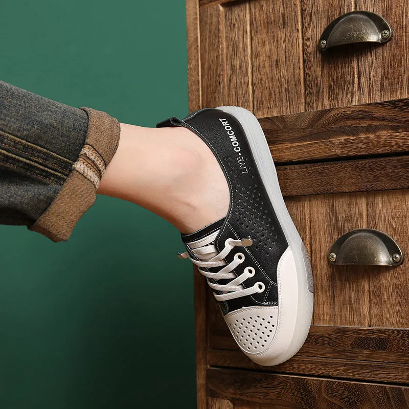 Ballet Flat Shoes With Ribbon Women's Fashion Hollow Leather Flat Casual Shoes