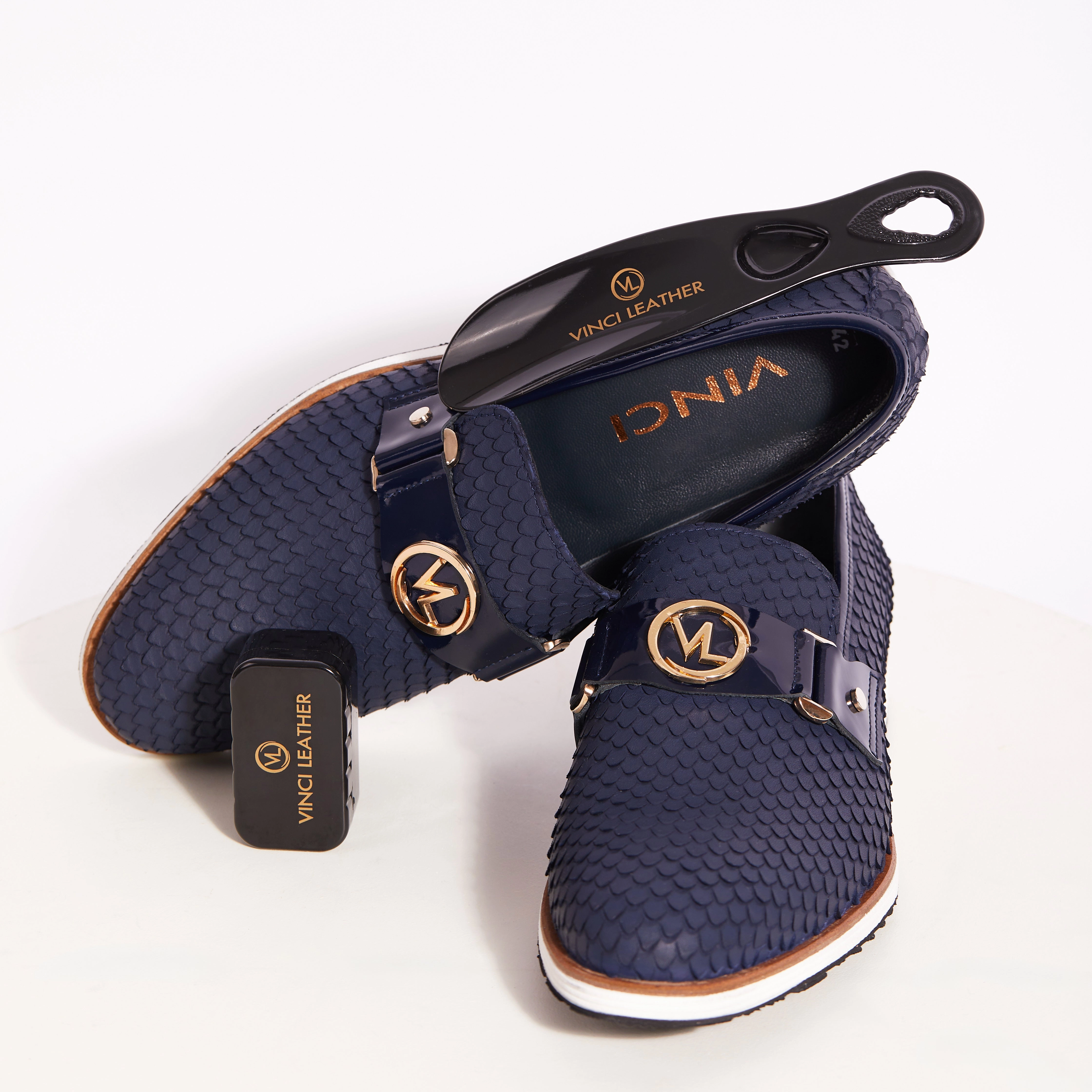 The Legacy Navy Blue Leather Men Casual Loafer Shoe Wide Low Heel Dress Shoes