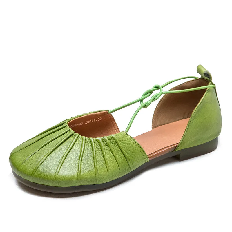 Women Retro Soft Leather Summer Flat Casual Sandals Metallic Sandals