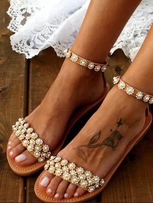 Flat Shoes Nyc Straps Floral Ankle Flat Boho for Sandals Beaded with Chic