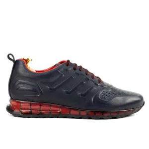 Popular Sneakers Dark Blue Leather Sneakers with Red Details | Platform High Sole