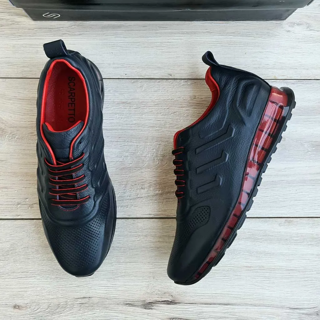 Cute Comfortable Sneakers Dark Blue Leather Sneakers with Red Details | Platform High Sole