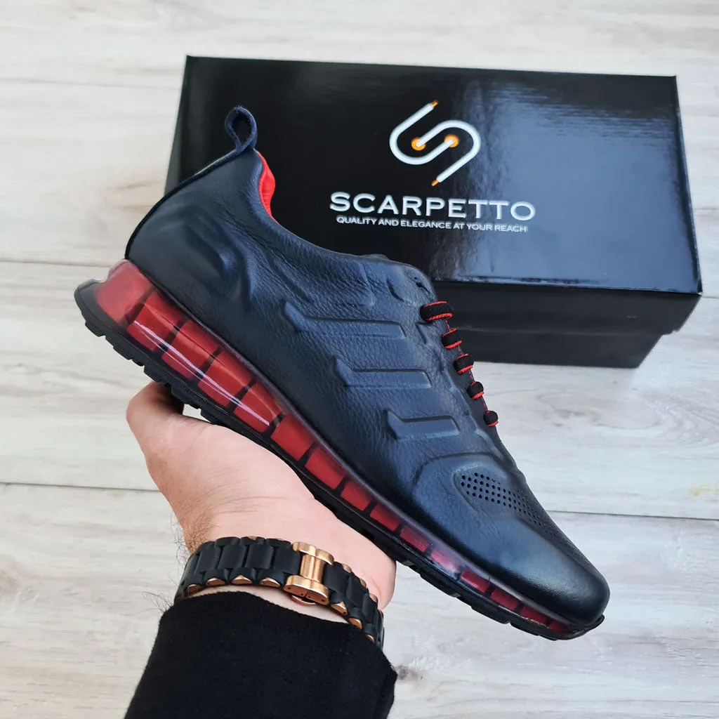 Dark Blue Leather Sneakers with Red Details | Platform High Sole Khaki Pants Sneakers